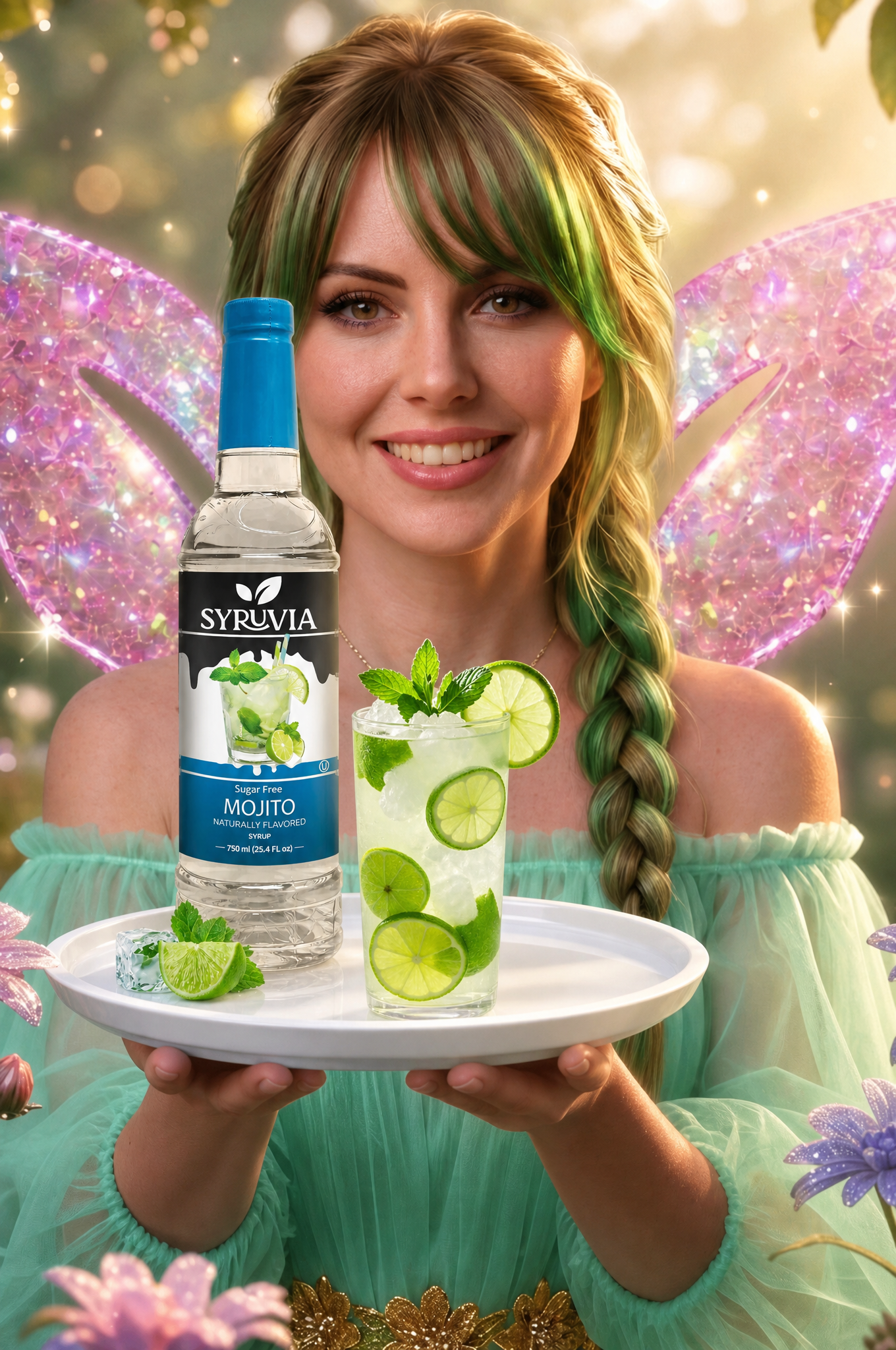 Woman in a mint dress holding a tray with a lime drink and a blue bottle, with sparkling pink wings behind her