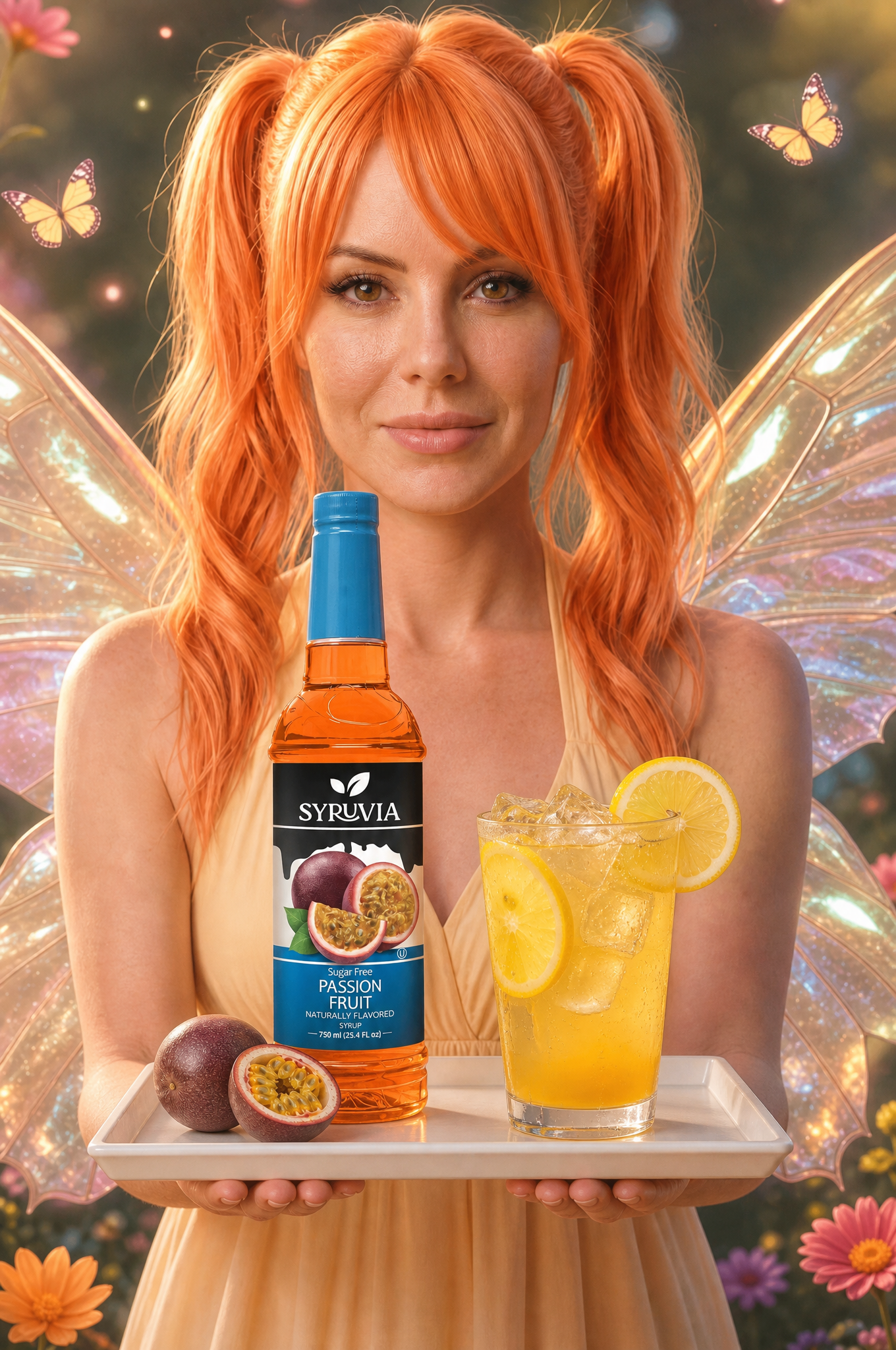 Woman with fairy wings holding a tray with a fruit liqueur bottle and citrus cocktail, against a floral glow