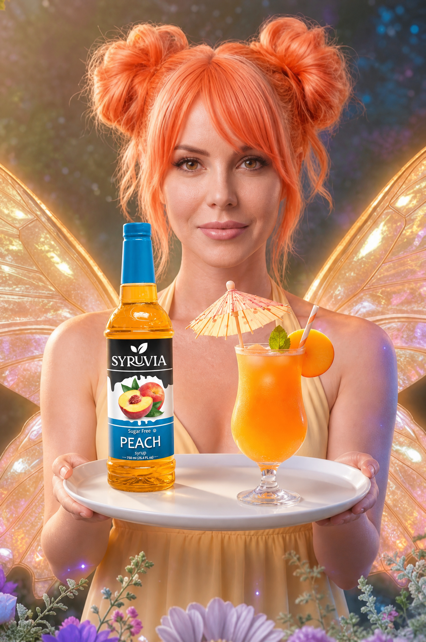 Woman with orange hair holding a tray with a bottle and orange cocktail, glowing fairy wings behind her