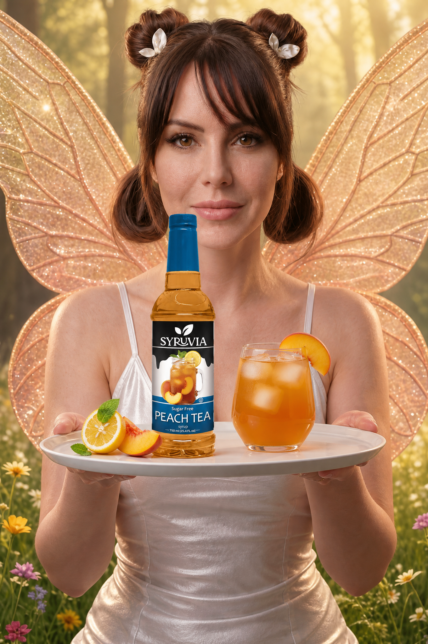 Woman holding a tray with an orange drink and bottle, wearing fairy wings in a glowing garden.