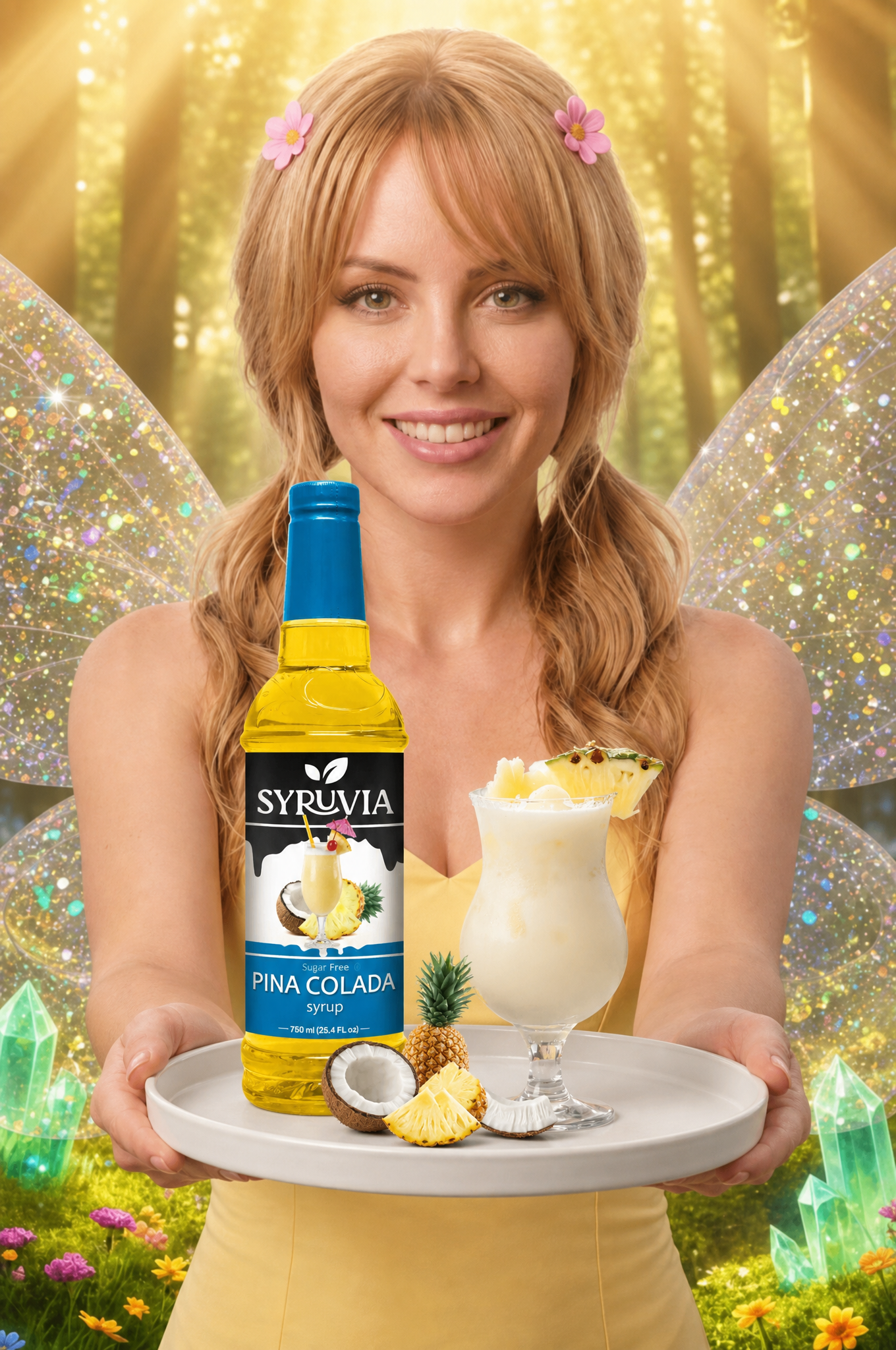 Woman holding a tray with a Nivea bottle and a creamy cocktail in a sparkling garden setting.