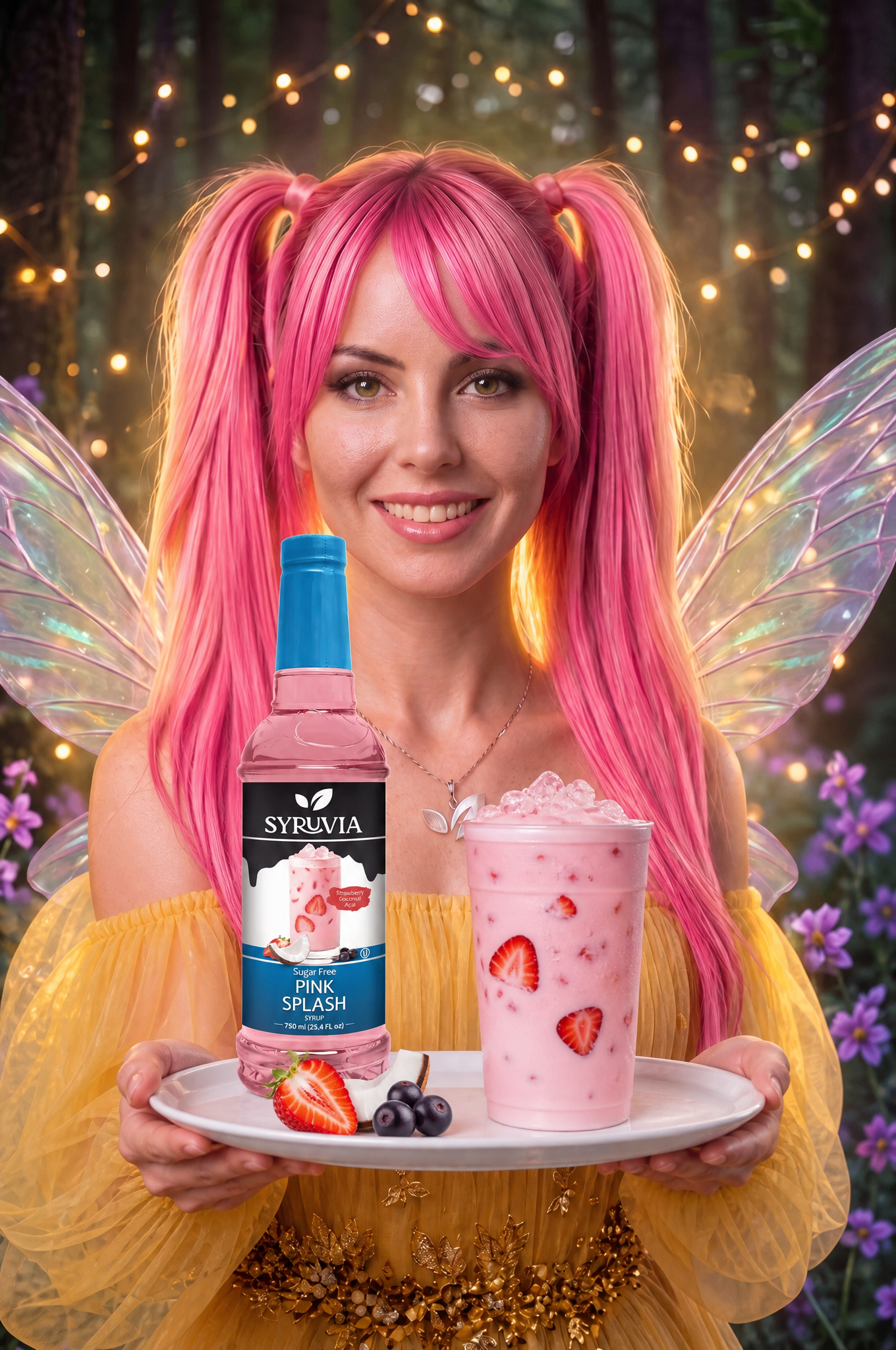 Pink-haired person in fairy wings holding a tray with a pink drink and a berry bottle in a festive garden setting