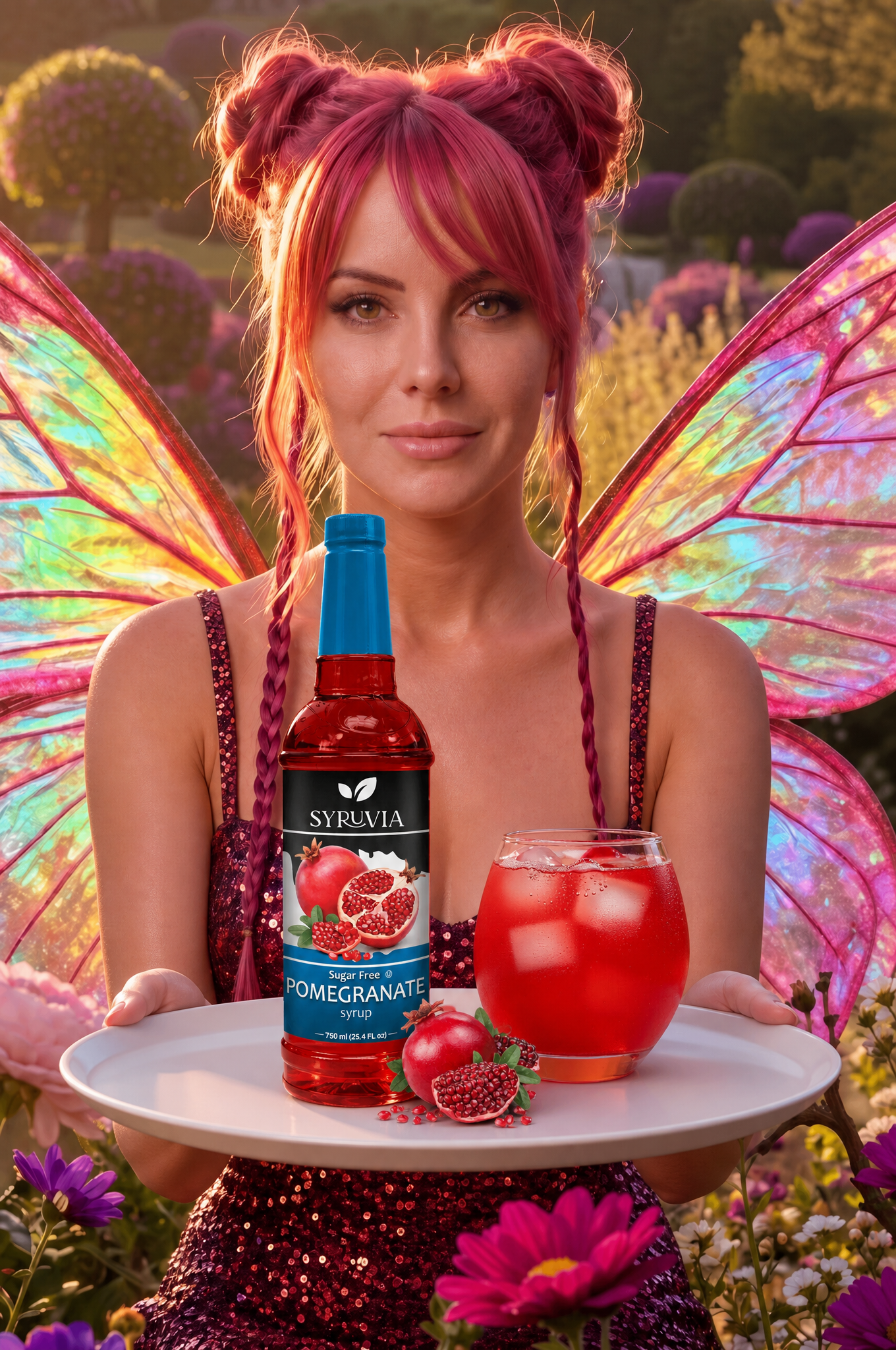 Woman with pink wings holding a tray with a red drink and fruit, standing in a flower garden.