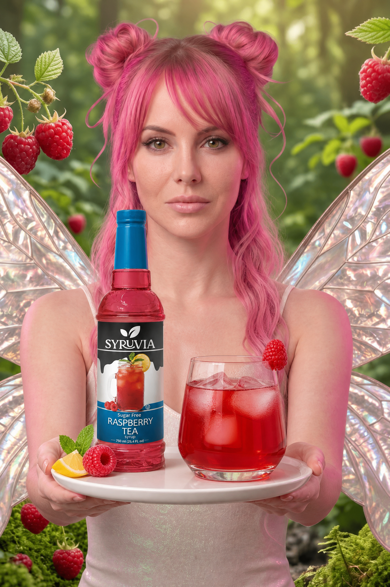 Woman with pink hair and fairy wings holding a tray with a red drink and bottle in a berry garden