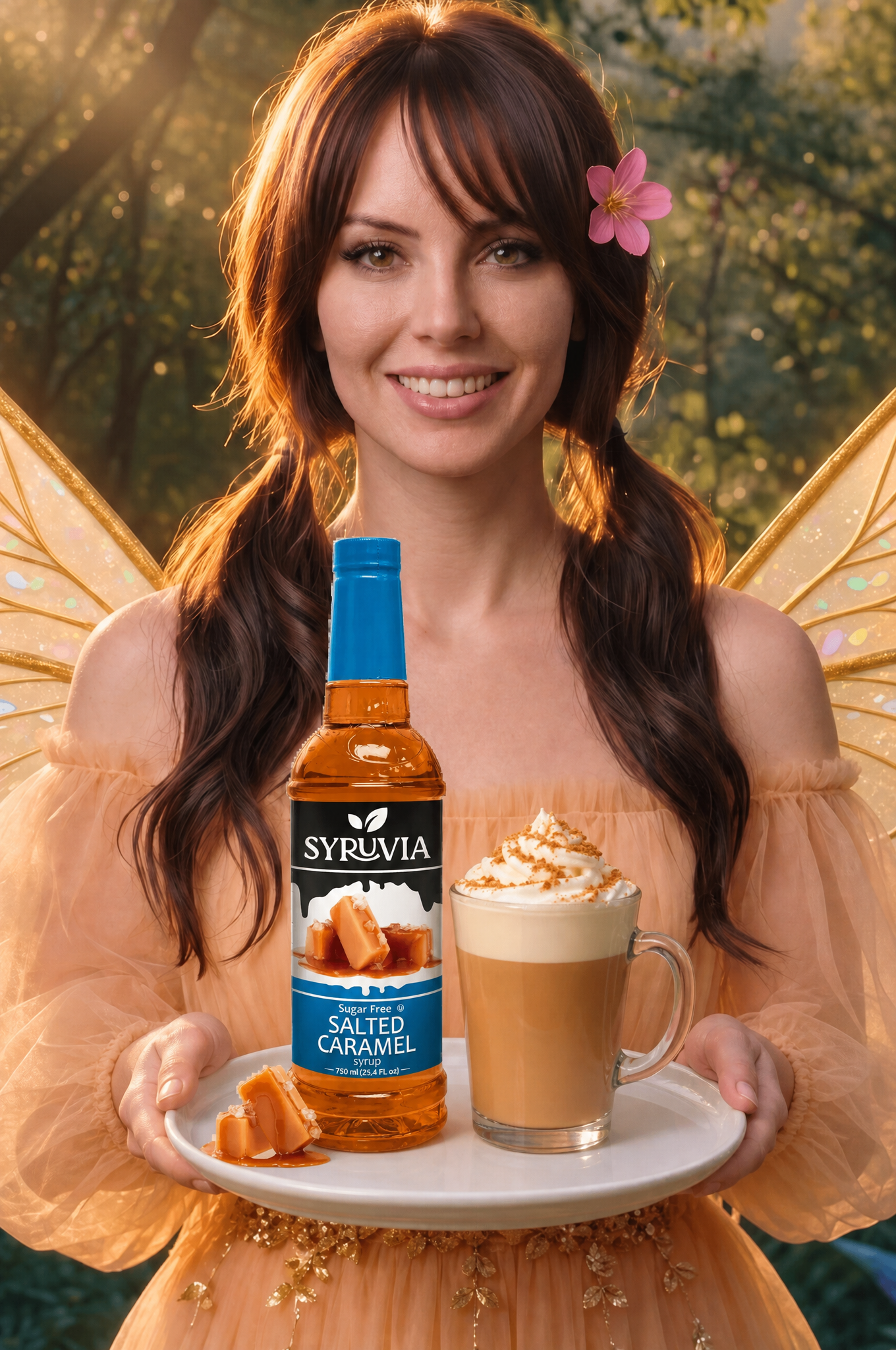 Woman with fairy wings holding a tray with a blue bottle, latte, and pastry in a sunny outdoor setting