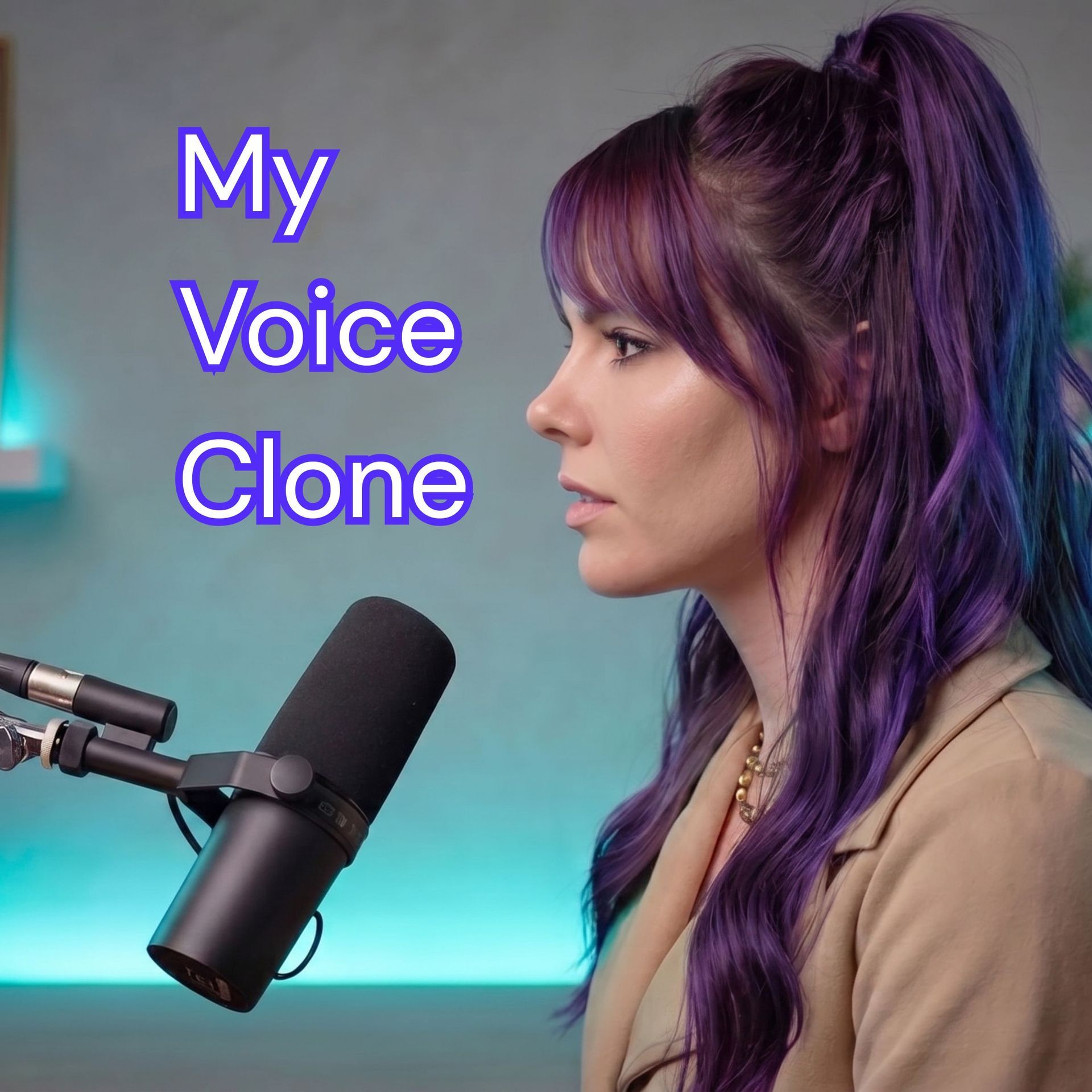 Woman speaking into a microphone with “My Voice Clone” text on a purple and teal background
