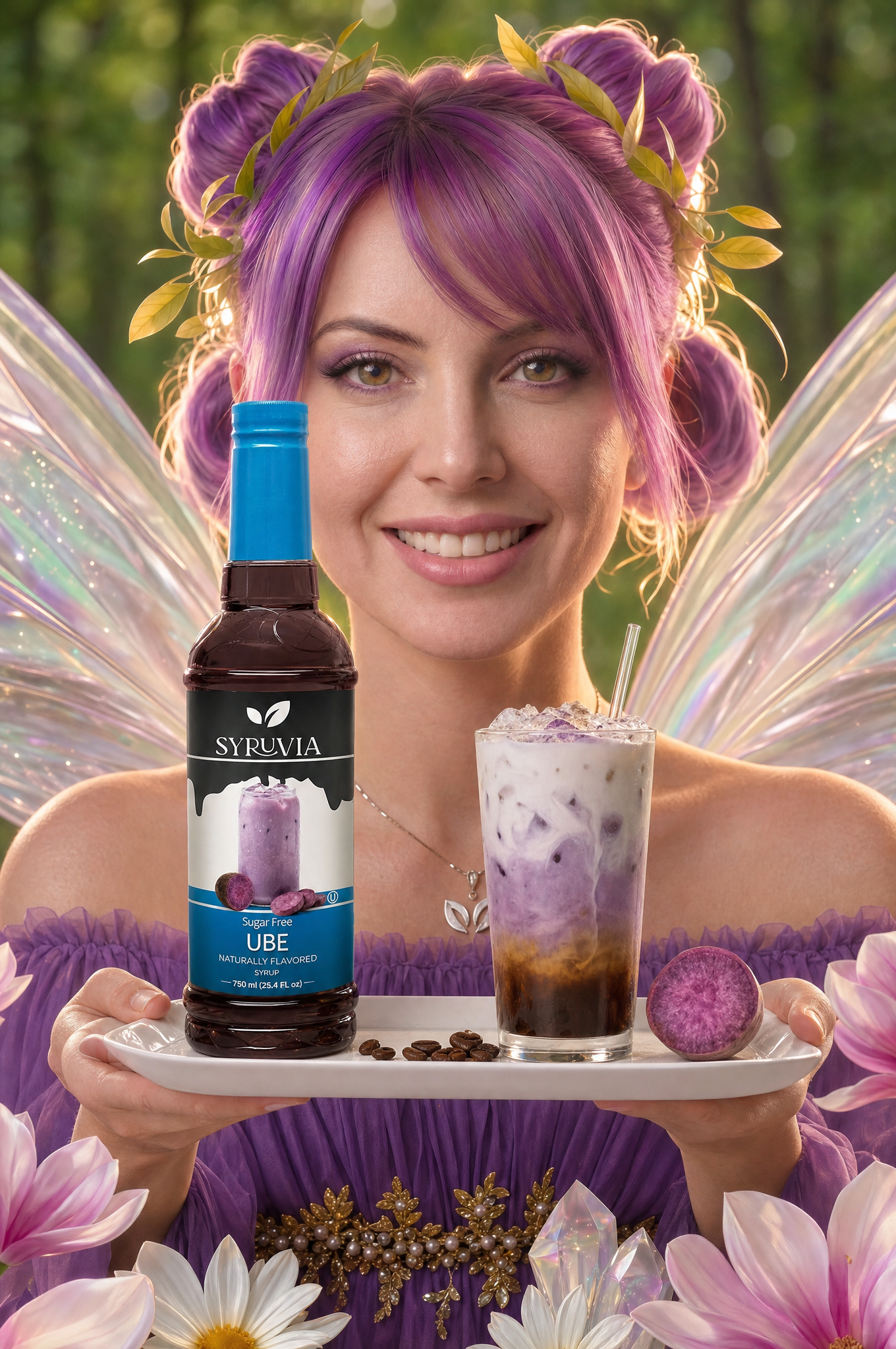 Smiling woman with purple hair holding a drink beside a bottle, framed by flowers and fairy wings