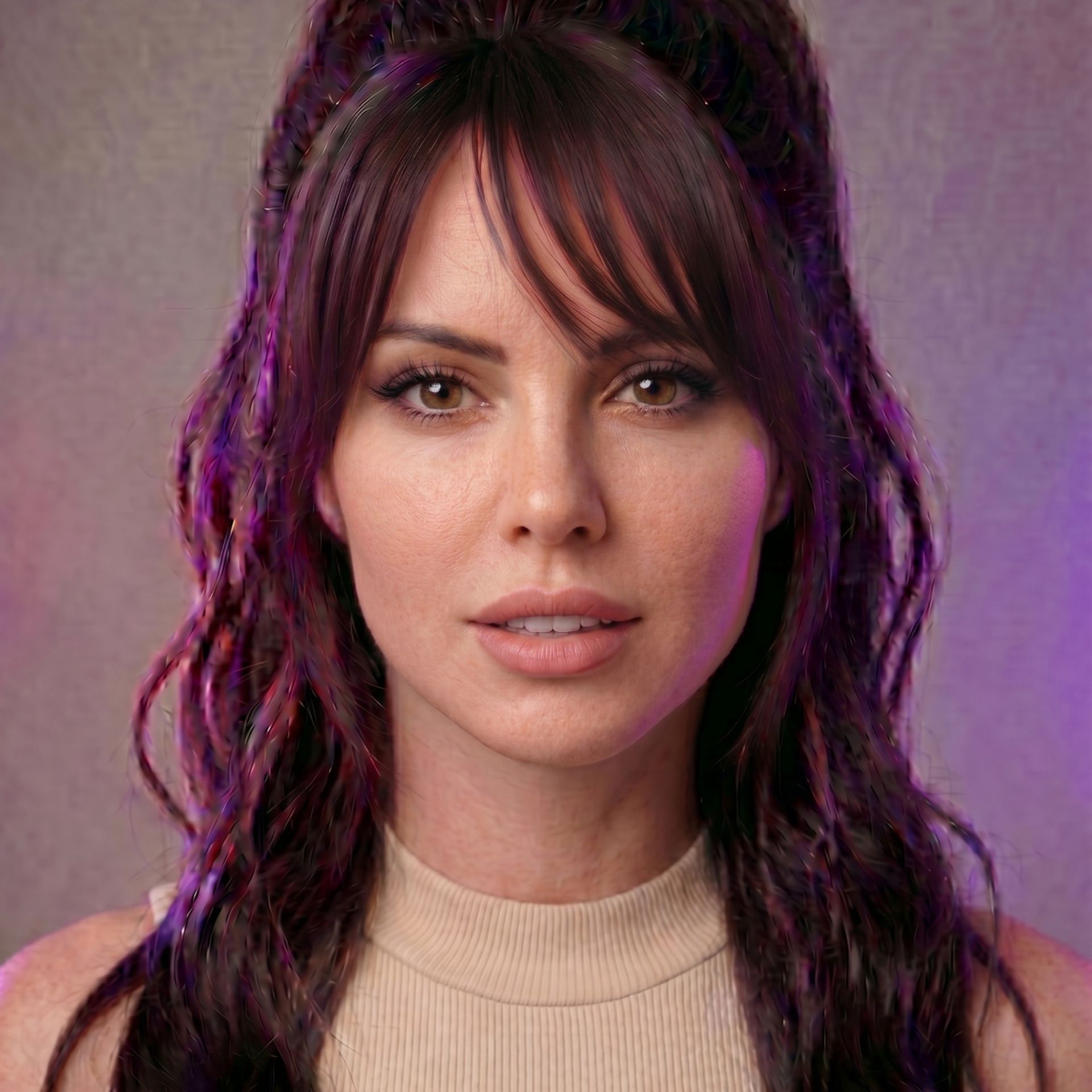 Studio portrait of a woman with purple-tinted hair against a neutral background