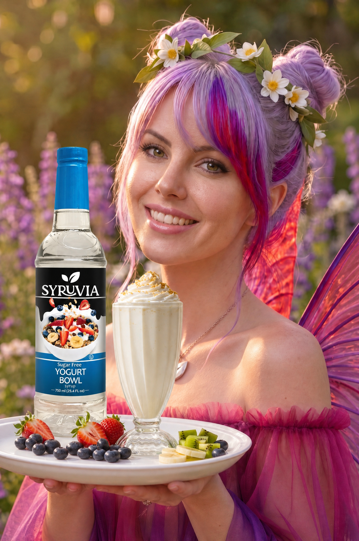 Woman smiling beside a blue-labeled bottle, holding a dessert plate in a colorful garden setting