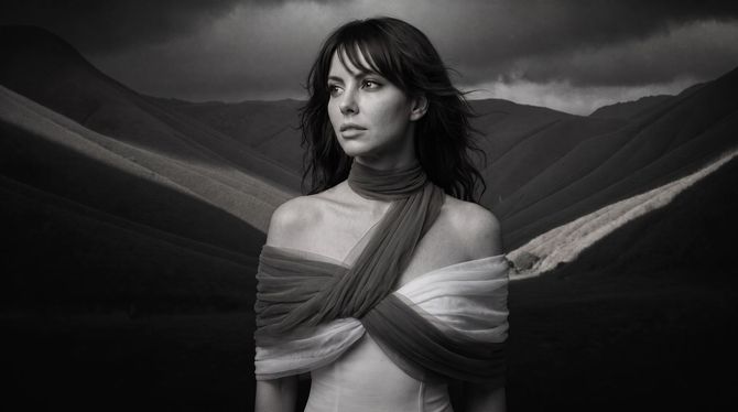 Woman in a dark off-shoulder wrap, standing before dramatic mountains under stormy clouds.
