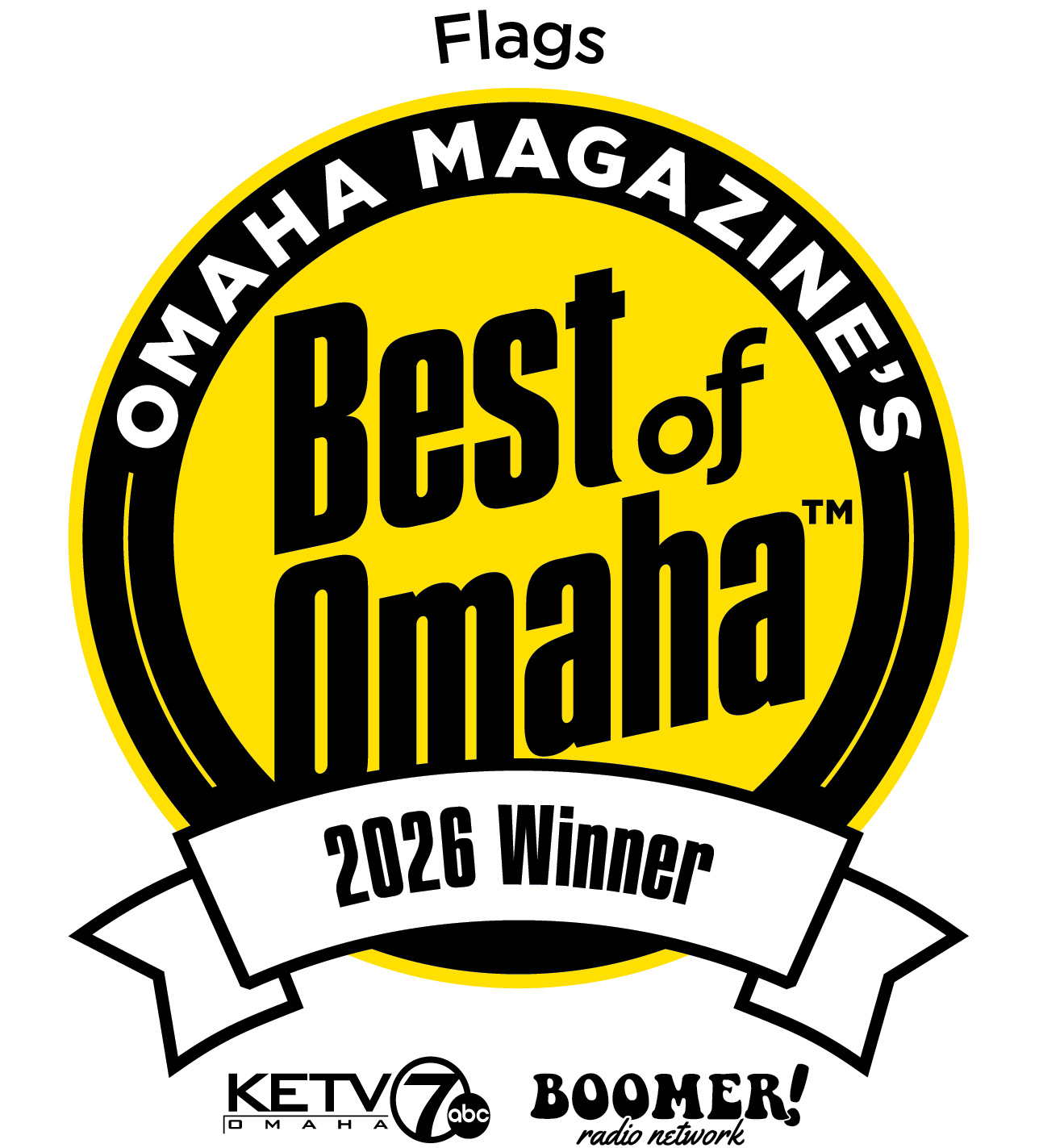 Omaha Magazine’s Best of Omaha 2026 Winner badge in yellow, black, and white with ribbon banner and logos