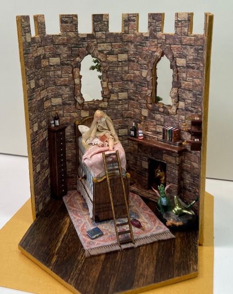 Miniature holiday living room with Santa seated by a fireplace, mantel decorations, and warm lights.
