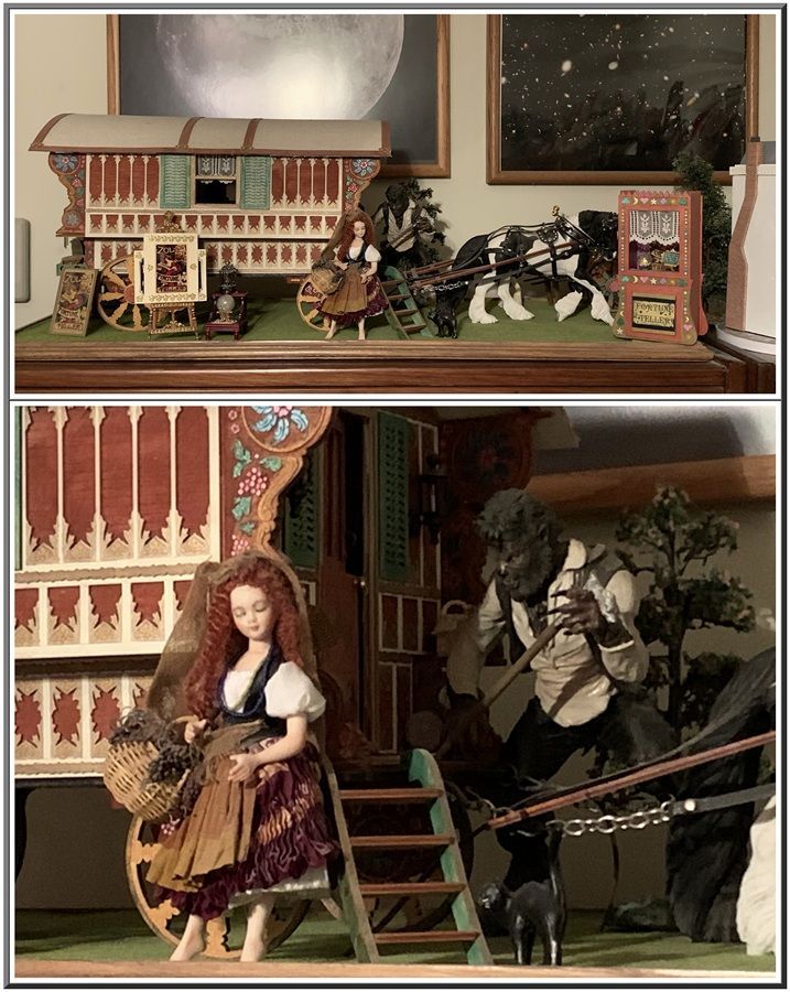 Miniature Victorian dollhouse scenes with figures, horses, and a small storefront interior