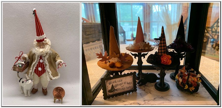 Miniature diorama in a wooden frame with a small ship finial, showing a figurine and stacked boxes inside.