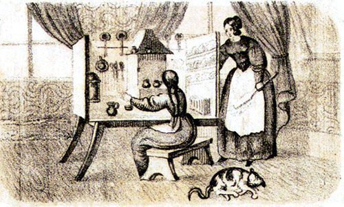 Woman instructing seated person at an easel in a curtained room, with drawings on the wall