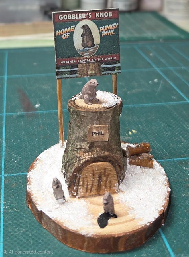Miniature snowy goblin's knob diorama with a sign, tiny door, and tree stump on a round base