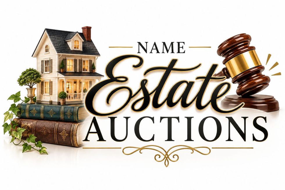 Colorful auction sign with house graphic, gavel, and text: “Check out the NAME auctions! BID • WIN • HAVE FUN!”