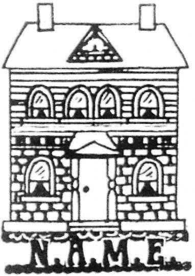 Black-and-white drawing of a two-story house with many windows and a front door.