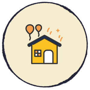 Yellow house icon with two orange balloons inside a beige circle