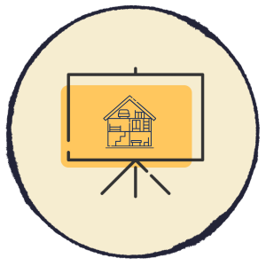 Presentation screen with a house icon on a yellow rectangle inside a circular beige background