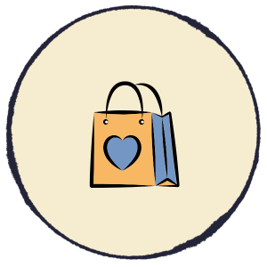 Shopping bag icon with blue heart, in a cream circle outline