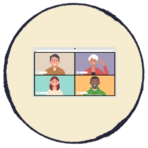 Video call screen with four participants in a 2x2 grid on a beige circular background