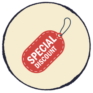 Red special discount tag with white text and a looped string on a cream circle background