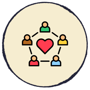 Group of colorful people icons linked around a heart in a circle, symbolizing community and support