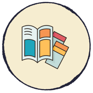Open book with colorful bookmarks inside a beige circle icon