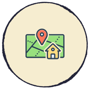 Map with location pin and house icon inside a beige circle