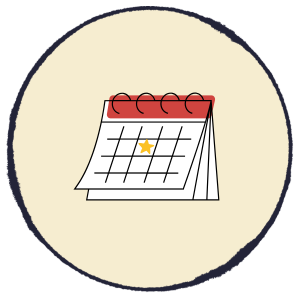 Calendar icon with a red top, grid lines, and a yellow star on a cream circle background
