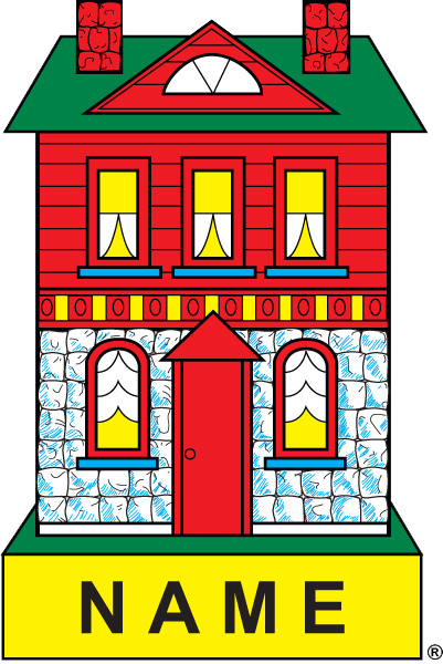 Illustrated blue house with green roof and a wooden sign labeled “NAME” at the bottom
