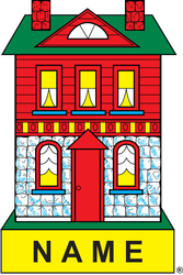 Illustrated blue house with green roof and a wooden sign labeled “NAME” at the bottom