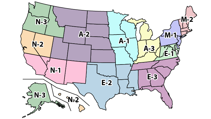 Color-coded map of U.S. Census regions and divisions labeled N, A, M, E, with Alaska and Hawaii in inset.