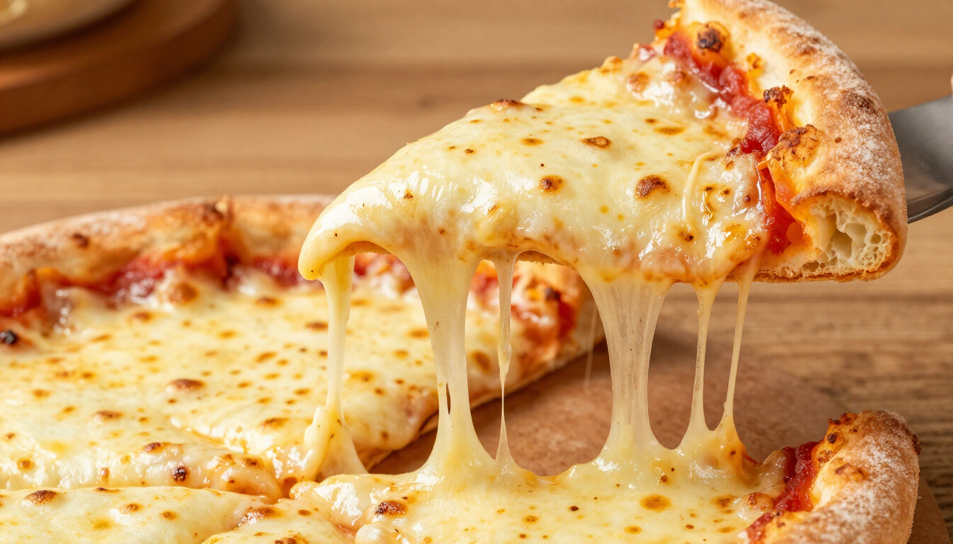 Primer plano de una porción de pizza con queso que se levanta, con el queso derretido estirándose desde la pizza.