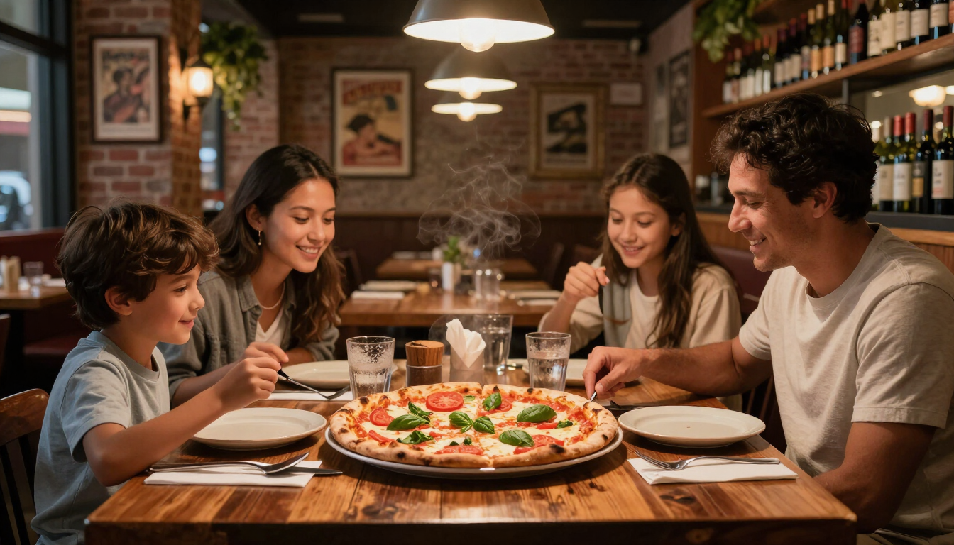 Una familia comparte pizza en una acogedora mesa de restaurante, sonriendo bajo una iluminación cálida.