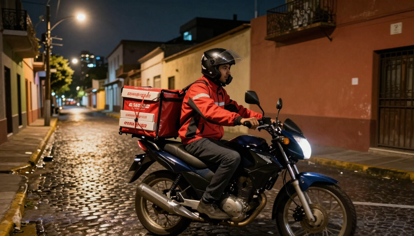 Un mensajero en motocicleta circula de noche por una calle empedrada y mojada, llevando cajas de reparto rojas.