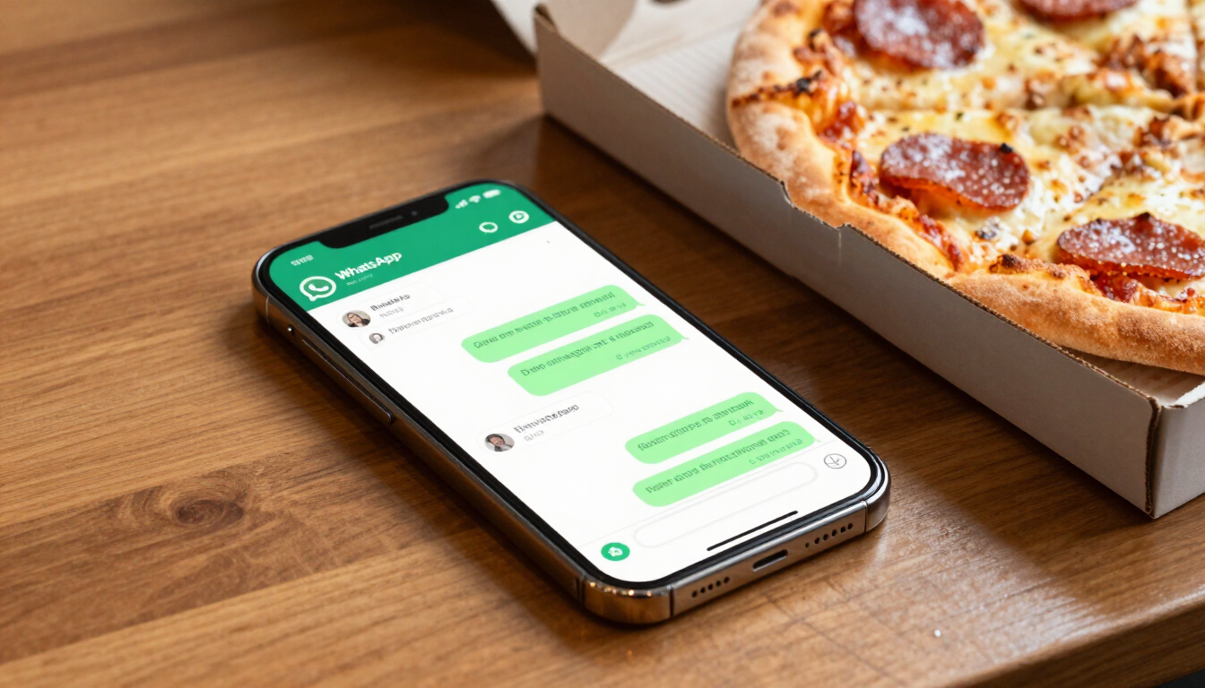 Smartphone mostrando una conversación junto a una caja de pizza sobre una mesa de madera.