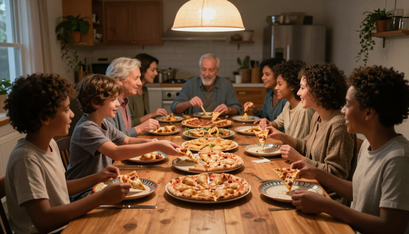 La familia se reunió alrededor de una mesa de comedor para compartir una comida en una cocina cálida.