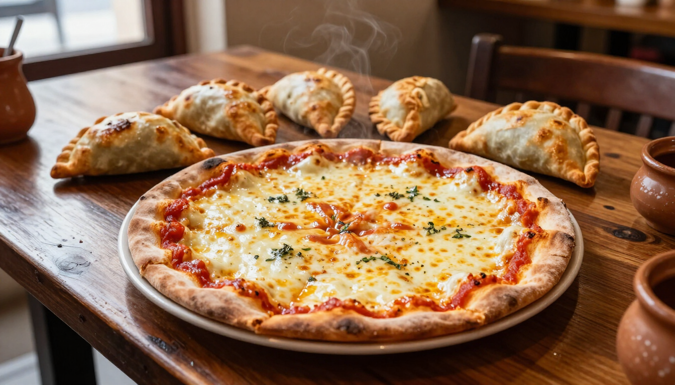 Pizza de queso y calzones sobre una mesa de madera en un acogedor ambiente de restaurante.