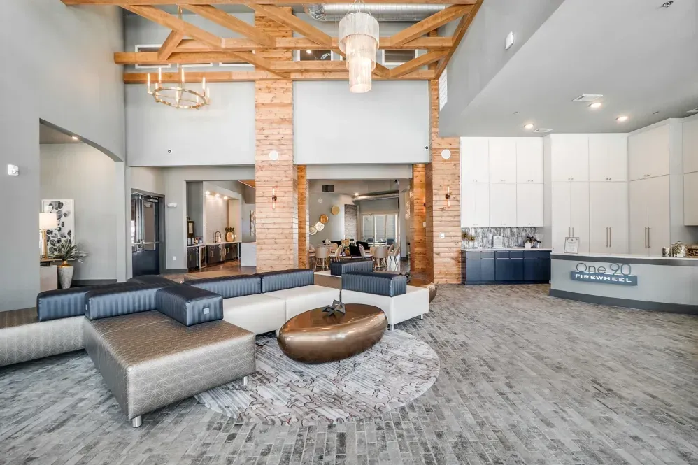 Modern living room with kitchen in the background. Light gray and brown furniture, artwork, and a patterned rug.