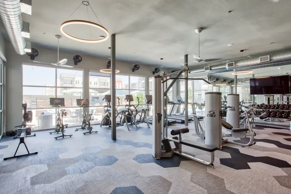 Gym interior with exercise equipment, including a rowing machine, weight rack, and punching bag.