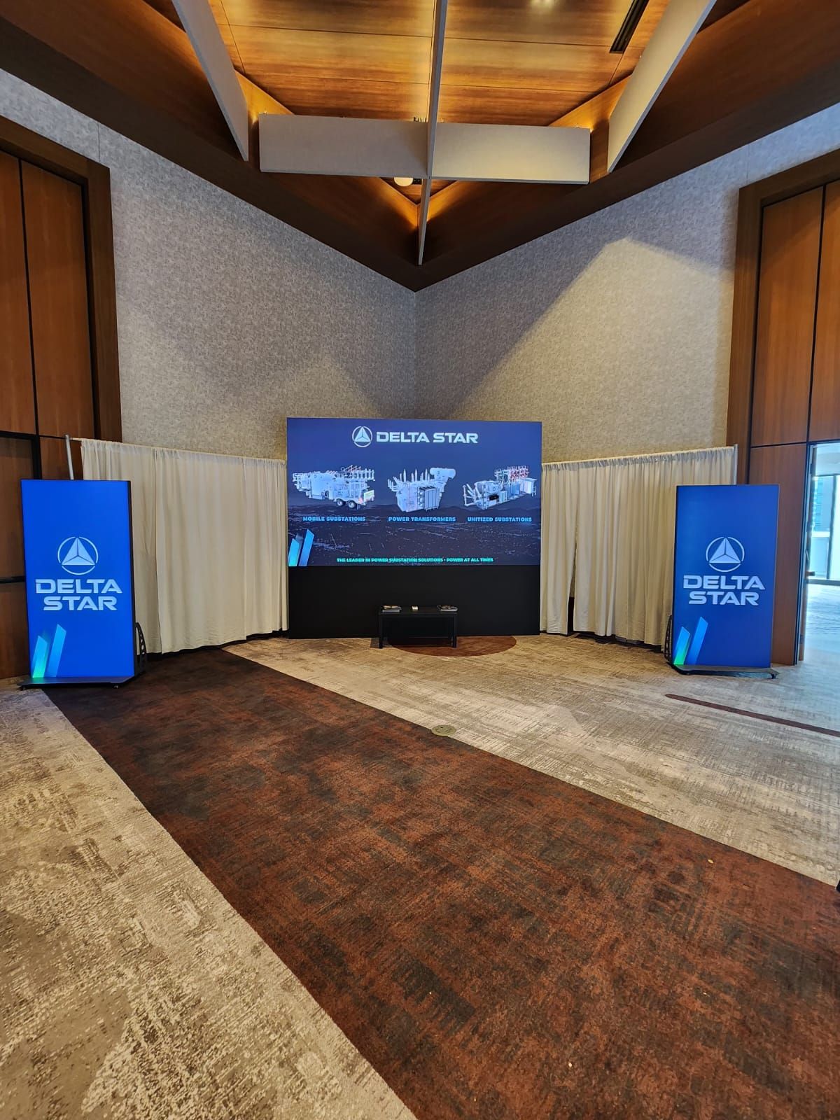 Trade Show LED Screen and LED Wall Rental showing two LED video Posters and one large LED Wall