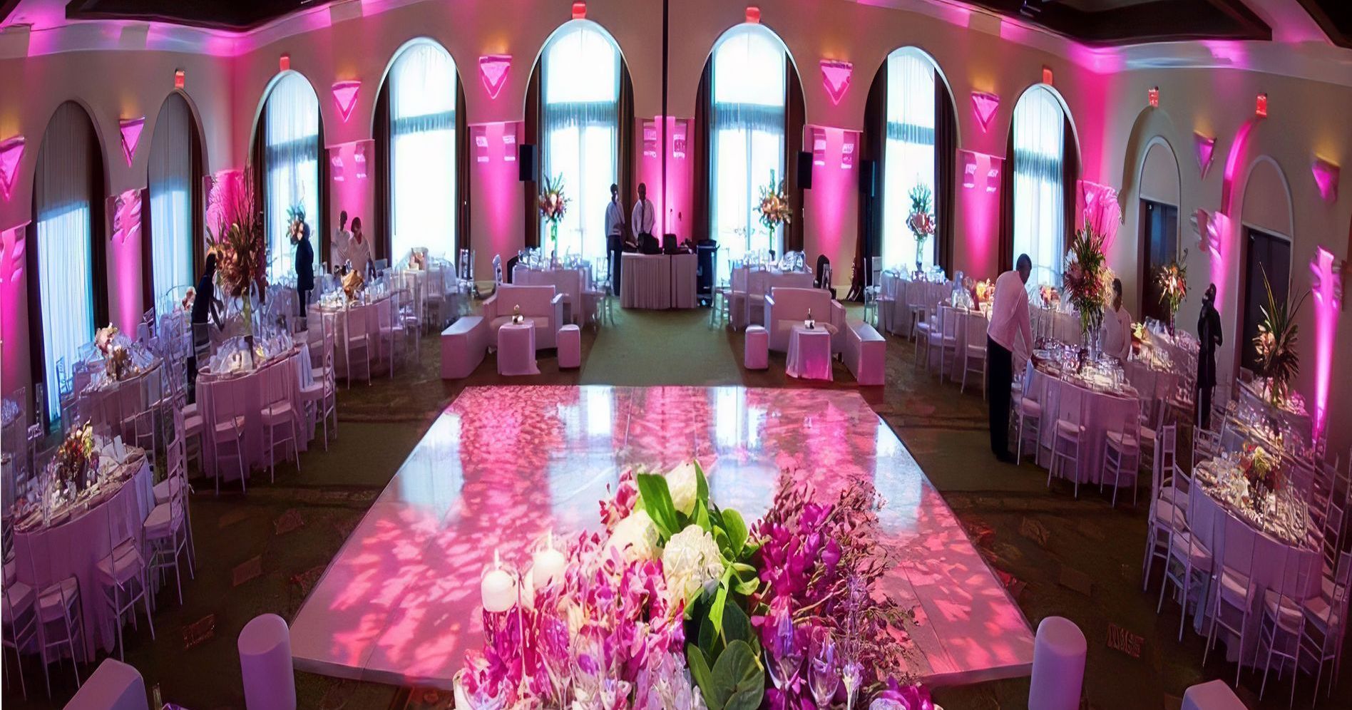 Wedding Perimeter uplighting with White Dance Floor and Pink Accent Lighting by Boston's Party Time Events Group