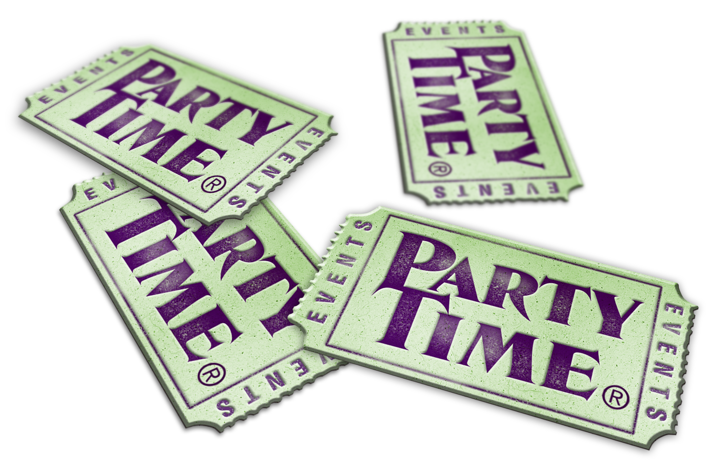 Three party time tickets are stacked on top of each other