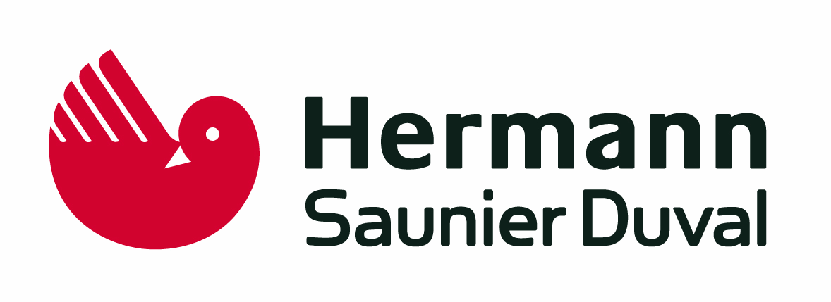 Logo di Hermann Saunier Duval con icona di fiamma circolare rossa e testo nero.