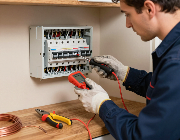 Elettricista che lavora su un quadro elettrico domestico
