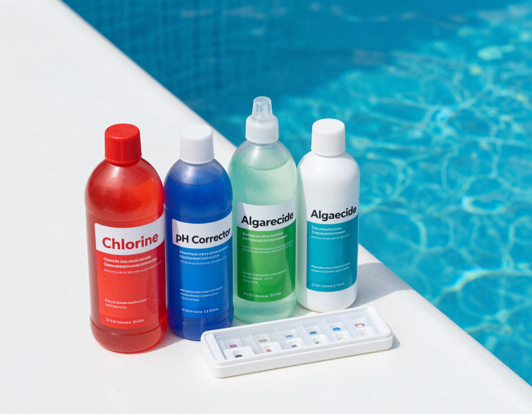 Prodotti chimici per piscina: cloro, correttore pH, algicida e kit analisi acqua