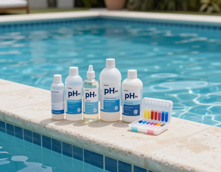 Prodotti per la manutenzione della piscina: cloro, algicida, correttori pH, flocculante e kit analisi