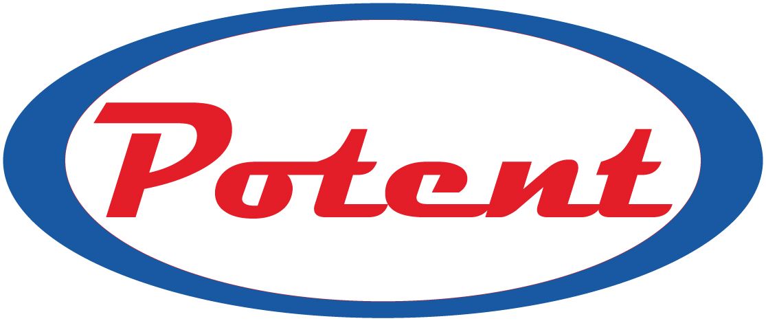 Logo potente in testo rosso corsivo all'interno di un ovale blu su sfondo bianco.